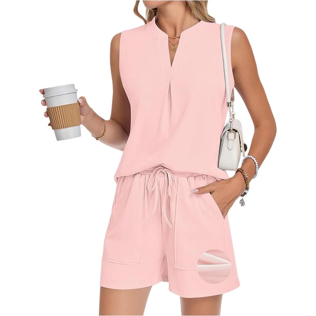 Stylish Women's Two-Piece Summer Casual V-Neck Pleated Sleeveless Shorts Set