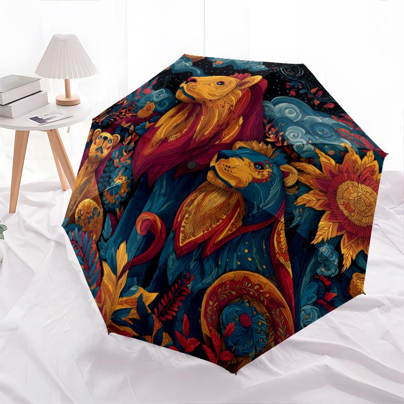 Lion Pattern, Automatic Folding Umbrella, Portable and Foldable Design, 8 Ribs, a Christmas or Birthday Gift.