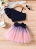 Girls' Flutter Sleeve One-Shoulder Camisole & Bow Gradient Starry Mesh Dress Set