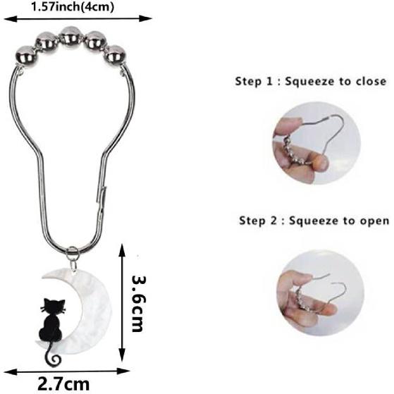 Black Cat Shower Curtain Hooks with Moon Bathroom Decoration,12 Pcs Rust Proof Metal Cute Funny Cat Shower Curtain Rings for Halloween Gothic Themed