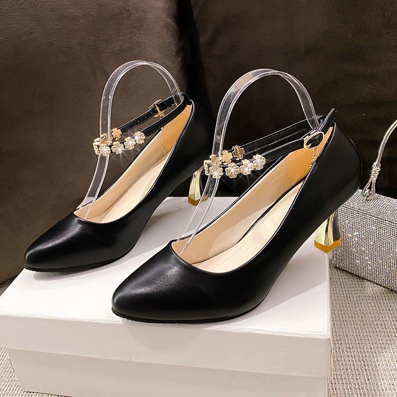 Spring and Summer Pointed Head Shallow Mouth Women's Single Shoes Metal Decorative Buckle Rhinestone Fashion Women's Shoes Stiletto High Heels