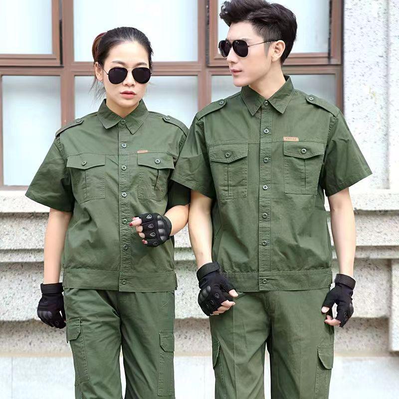Men's Military Green Summer Workwear Set: Thin Camouflage Long & Short Sleeve Overalls for Construction, Security, and Welding.