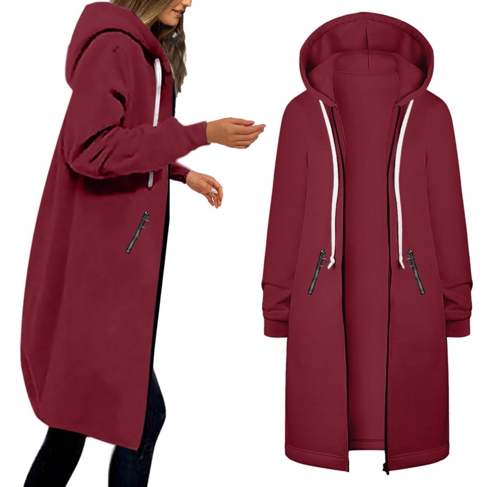 

Женские повседневные толстовки на молнии, длинная толстовка-туника, зимняя ветрозащитная куртка с капюшоном на шнурке, верхняя одежда с карманами XL винный
