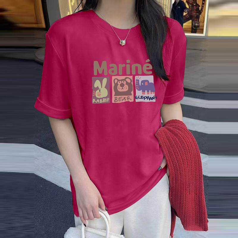 

apricot loose cotton inner with round neck cartoon short-sleeved T-shirt for women s 2025 spring new European large-edition top ins XXXL