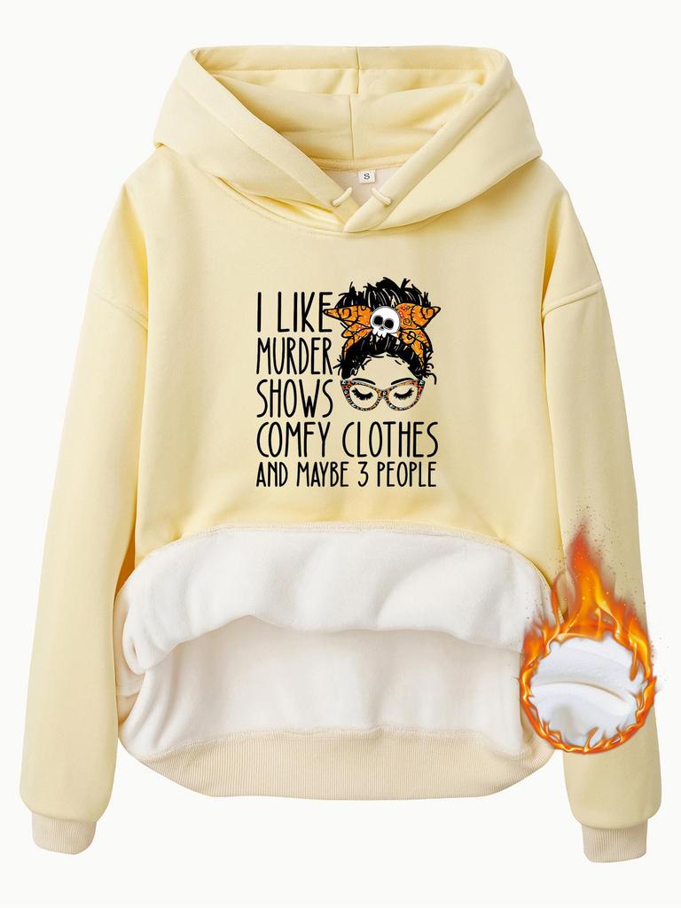 European and American Women's Kangaroo Pocket Hooded Long Sleeve Plush Sweatshirt with Print Design