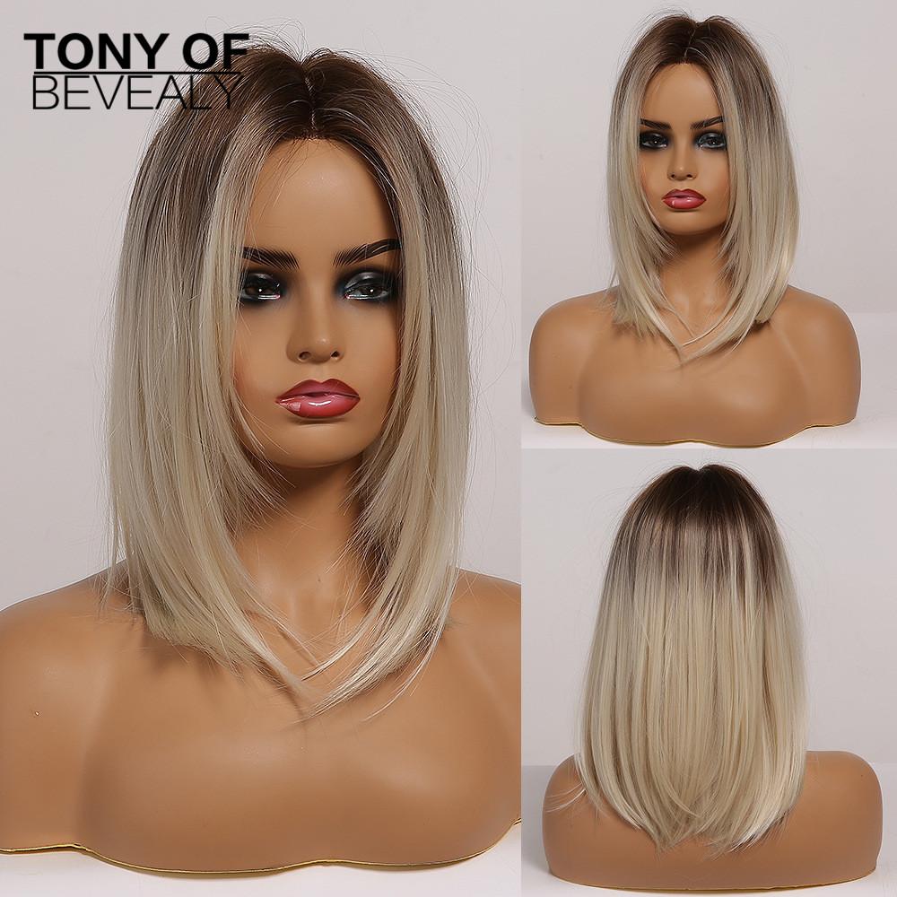 Medium Length Ombre Brown To Blonde Straight Hair Wigs with Bangs Synthetic Wigs for Women Cosplay Heat Resistant Natural Wigs