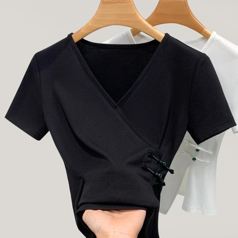 Short-sleeved T-shirt for Women In Summer New Chinese Style Women's Clothing New Chinese Style V-neck T-shirt Irregular Waist Top