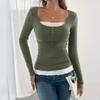 Women's Fashionable Round Neck Patchwork Lace Button Slim Fit Long Sleeved Pullover Top