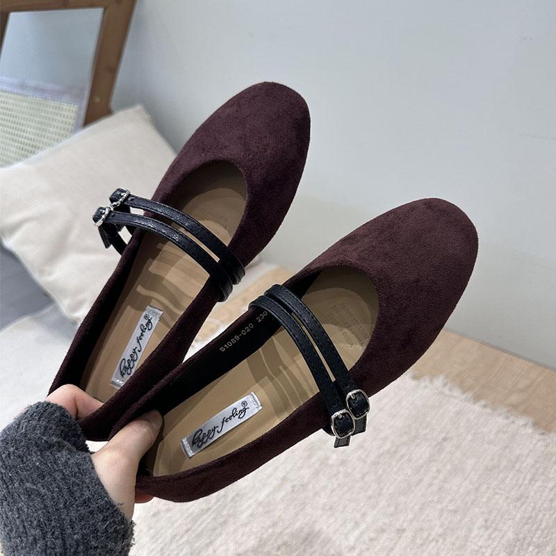 Fashion Fashion Buckle Strap Ladies Mary Janes Flats Shoes Round Toe Female Shallow Footwear Flock Women Ballet Flats Dance Shoes New