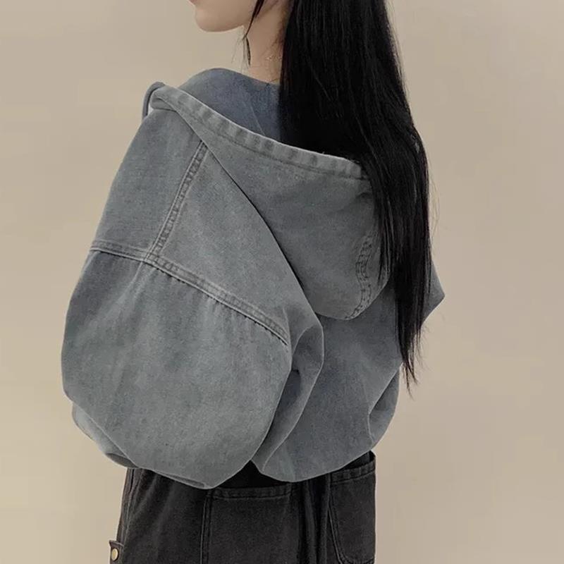 Denimjacken Damen Mit Kapuze Frühling Herbst Einfarbig Koreanisch Vintage Locker Reißverschluss Oberteile Freizeit Langärmelig Mit Kapuze Kurz Jeansjacke