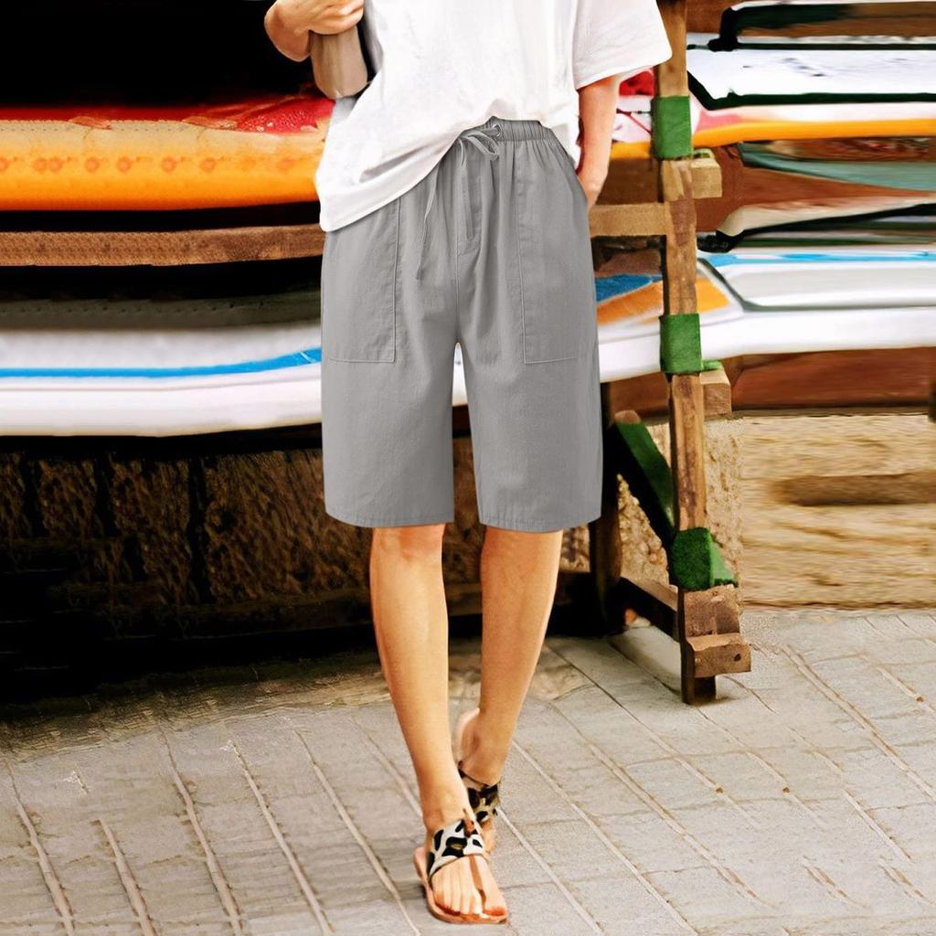 Pantaloni de damă din bumbac și in, cu talie elastică, cu bretele cu șnur, buzunar confortabil și pantaloni din două piese