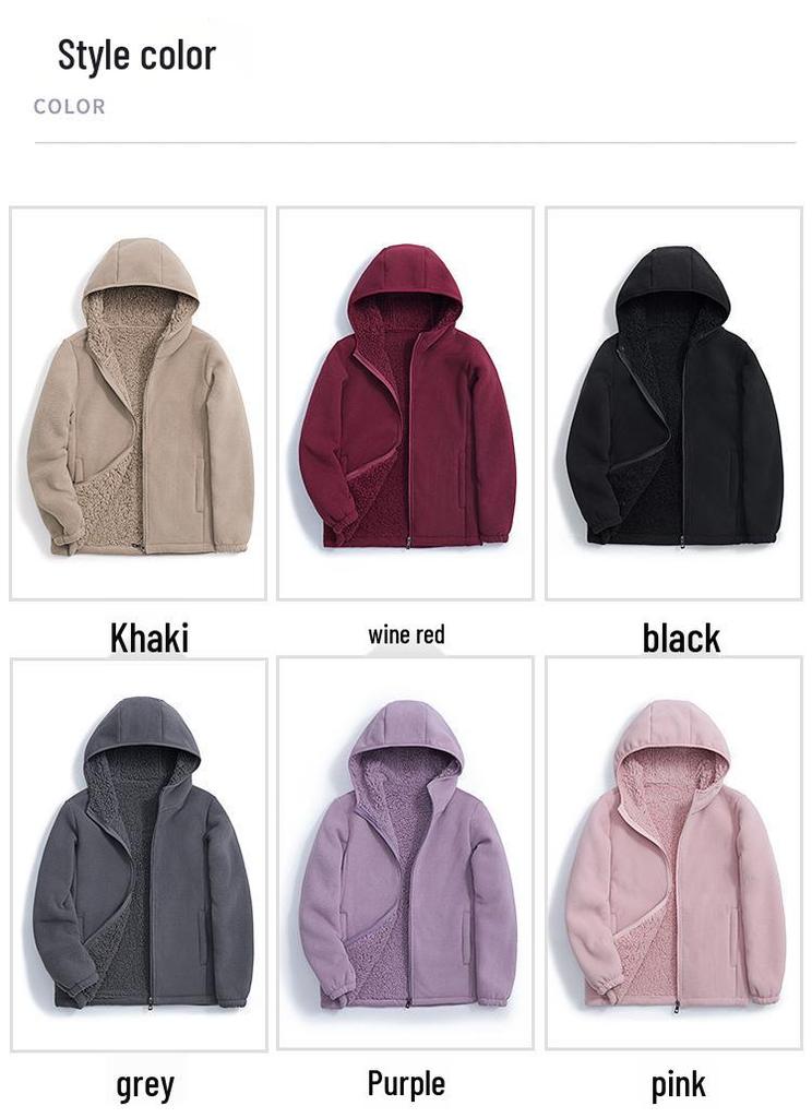 Women's Double-Sided Fleece Sherpa Hooded Windproof Velvet Jacket for Autumn and Winter