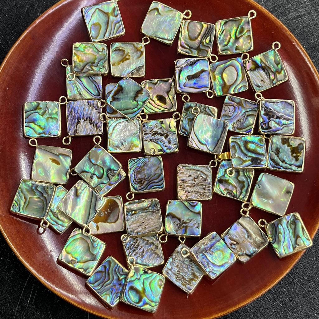 1Pc, Natural Abalone Shell Square Pendant Golden Trim Iridescent Charm for DIY Boho Jewelry Making Necklace & Earrings, 14mm Crafts Gifts