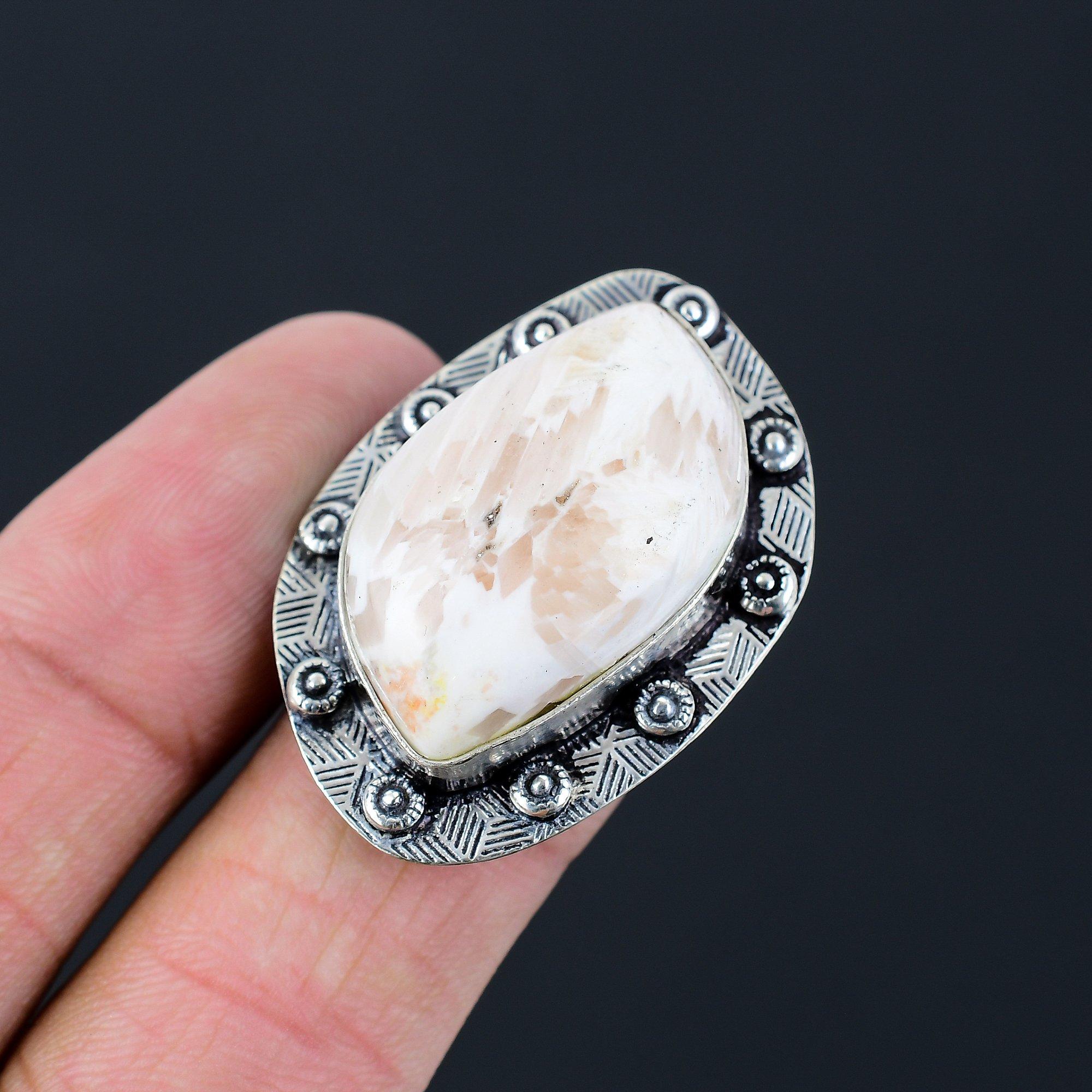 Birthday Gift For Her Natural Scolecite Multi Stone Ring Size 7.5 925 Silver 7.5