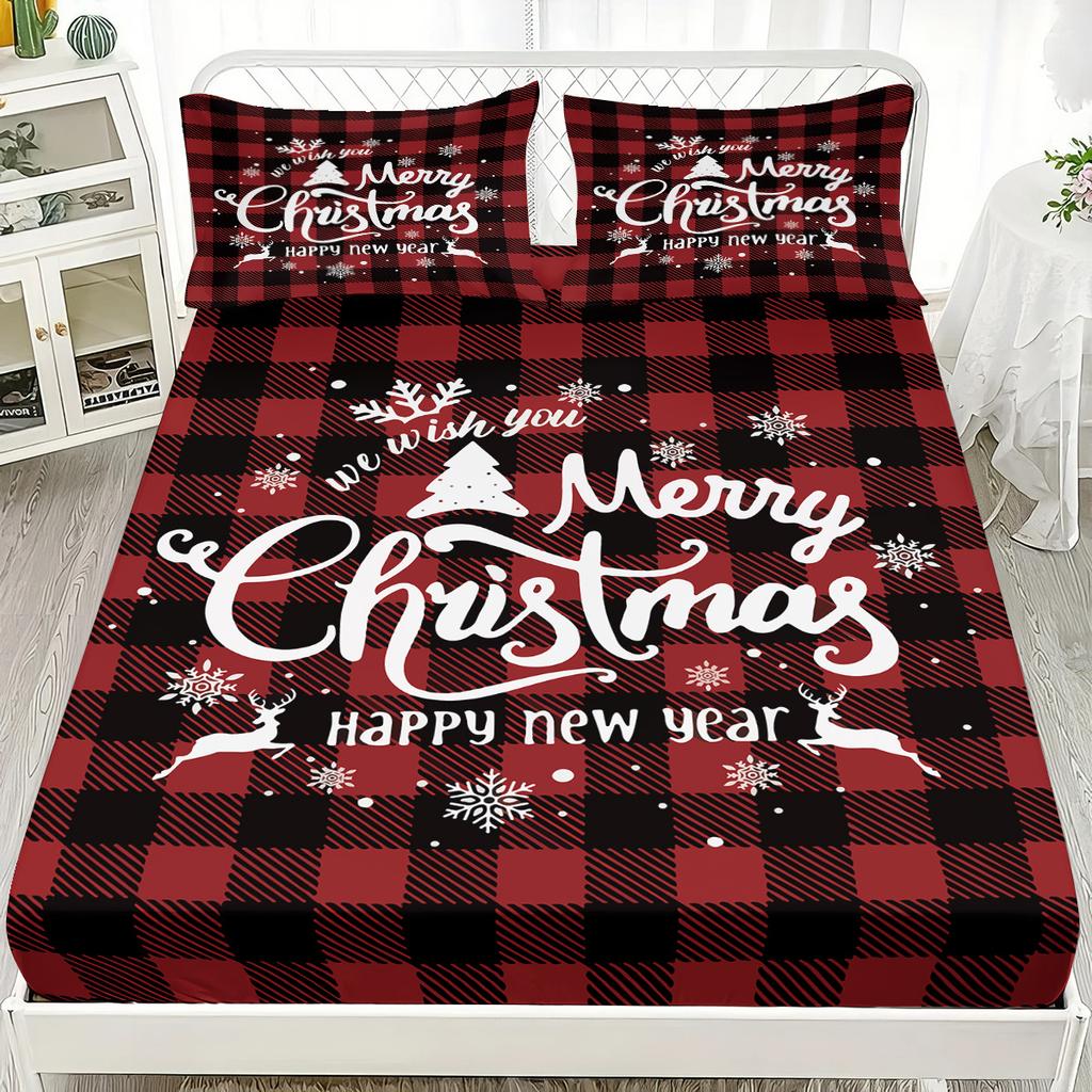 3pcs Plaid Contrasting Color Christmas Happy Print Coreless Bed Sheet Set Multiple Sizes Bed Covers Bedding Soft and Comfortable