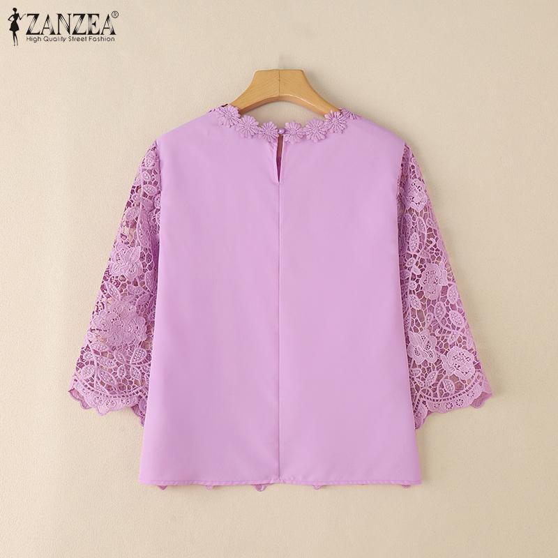 ZANZEA Women Casual Lace Crochet Splice 3/4 Sleeve Loose Blouse