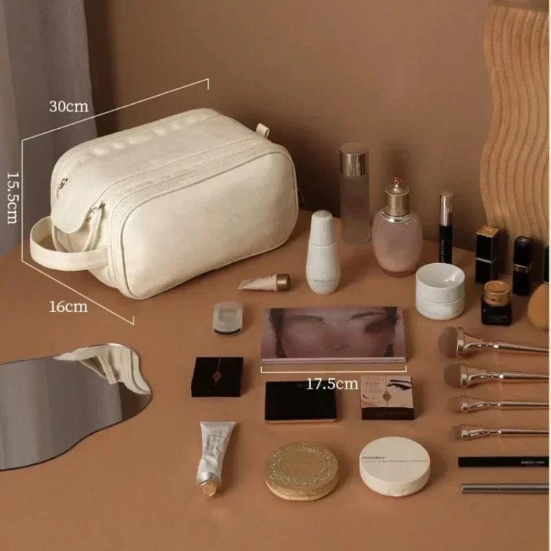 Multifunktionale Kosmetiktasche für Damen aus PU-Leder, großes Fassungsvermögen, tragbar, mit Doppelreißverschluss, Reise-Aufbewahrungstasche für Make-up-Pinsel und Toilettenartikel
