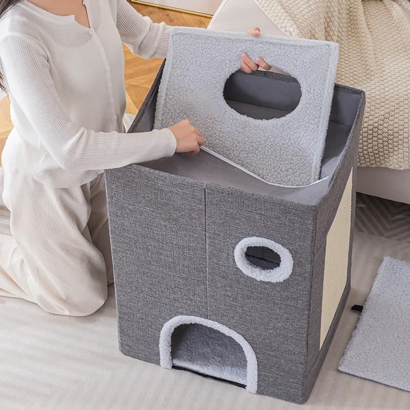 3-Tier Cat Bed House With Multiple Entrances Foldable Pet Nest Indoor Cats Winter Warm Large Size