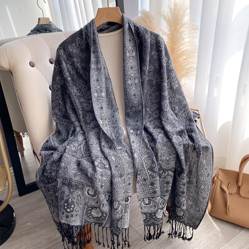Fashion Winter Cashmere Shawl For Women - Tasseled Vintage Floral Printed Oil Painting Style Pashmina Thick Scarf
