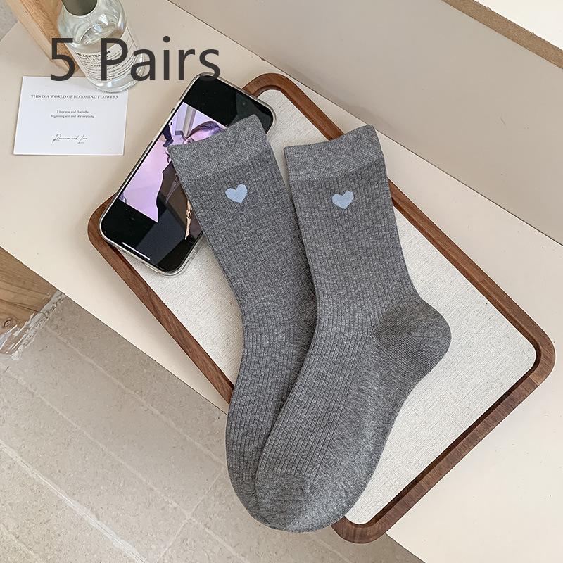 

5 Pairs of Trendy Women s Socks, Small Heart-shaped Mid-calf Socks, Solid Color Striped Boneless Pile Socks, Grey Socks 5 pairs сірий