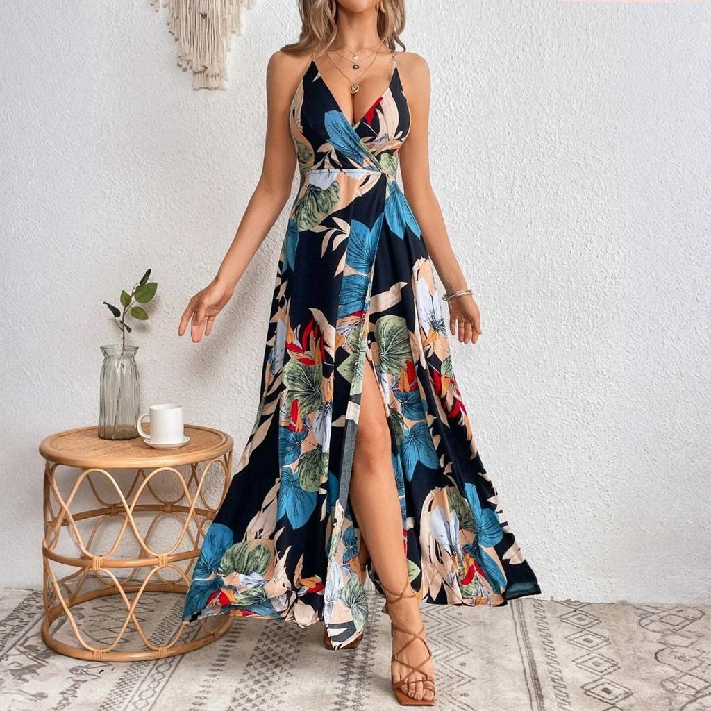 Damen Boho Tropischer Print Spaghettiträger Maxikleid mit hohem Schlitz V-Ausschnitt Lässiges Sommerkleid