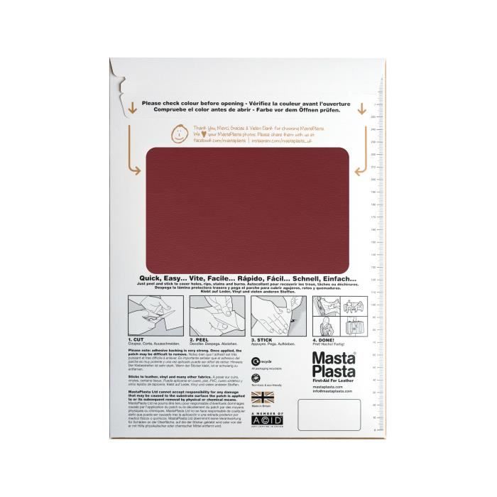 Mastaplasta patch de réparation réf redxl28x20eu mastaplasta patch auto-adhésif en cuir. xl 28cmx20cm. choisissez la couleur.