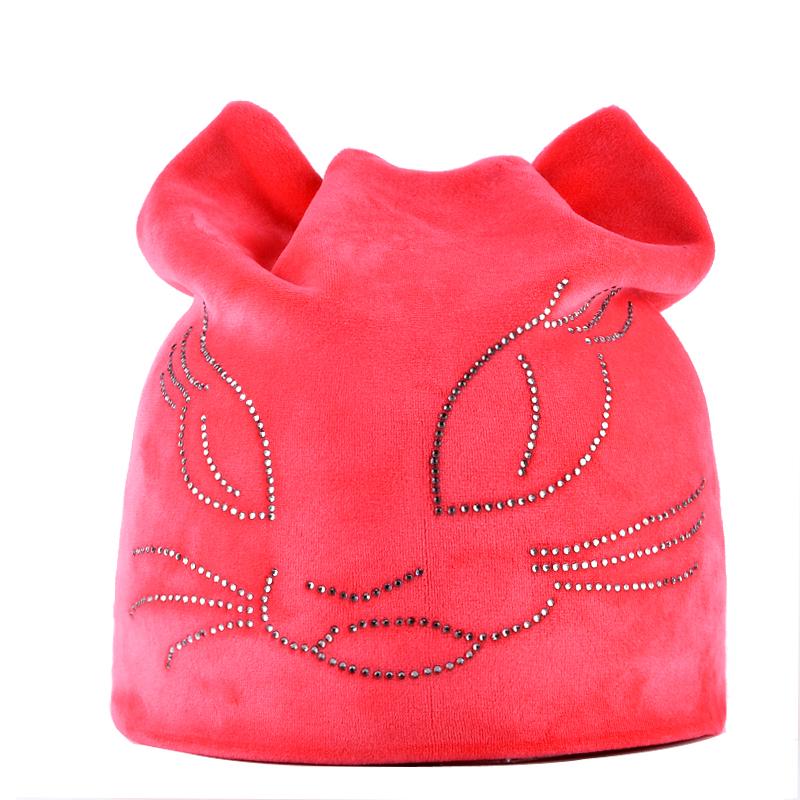 Winter Beanie Hats For Women Cut Hat With Rhinestone Cat Pattern Beanie with Ear Velvet Hat For Girl
