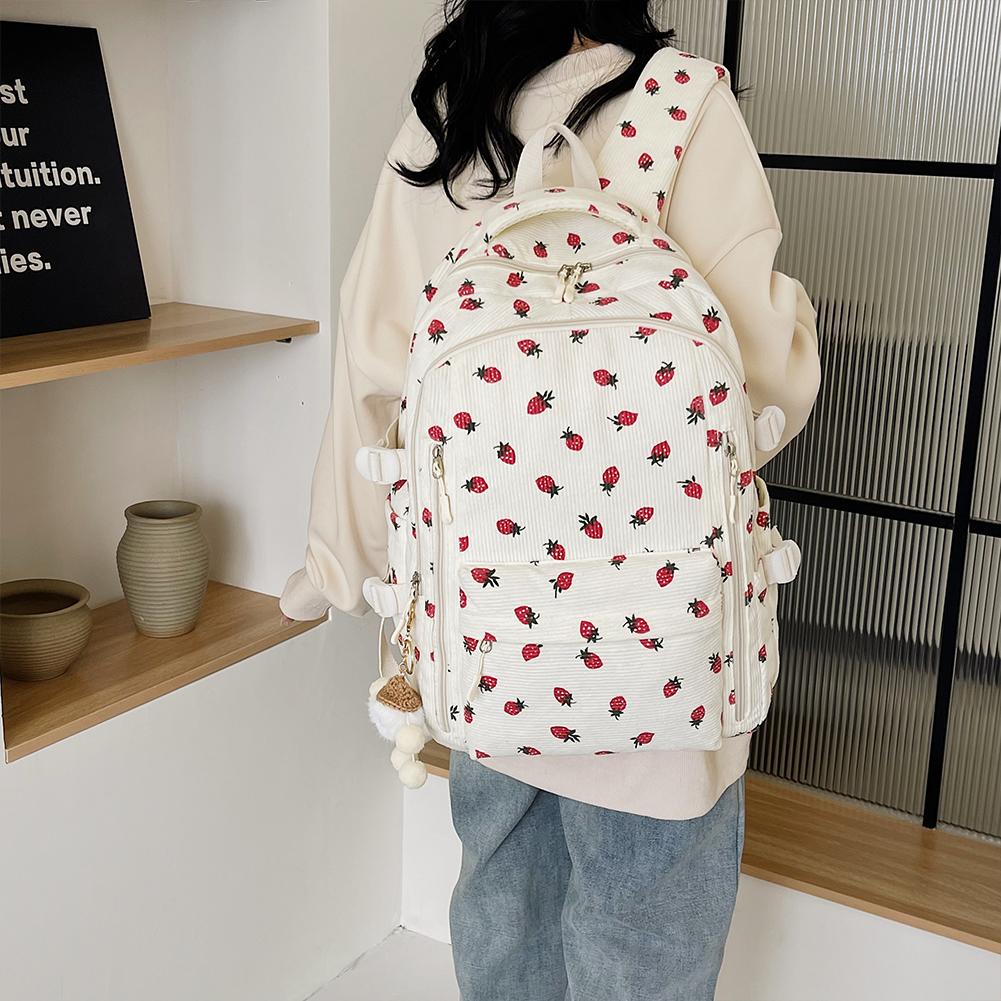 Sweet Corduroy Strawberry Backpacks Casual Travel Rucksack Large Capacity Daily Knapsack Japanese Aesthetic Students School Bag