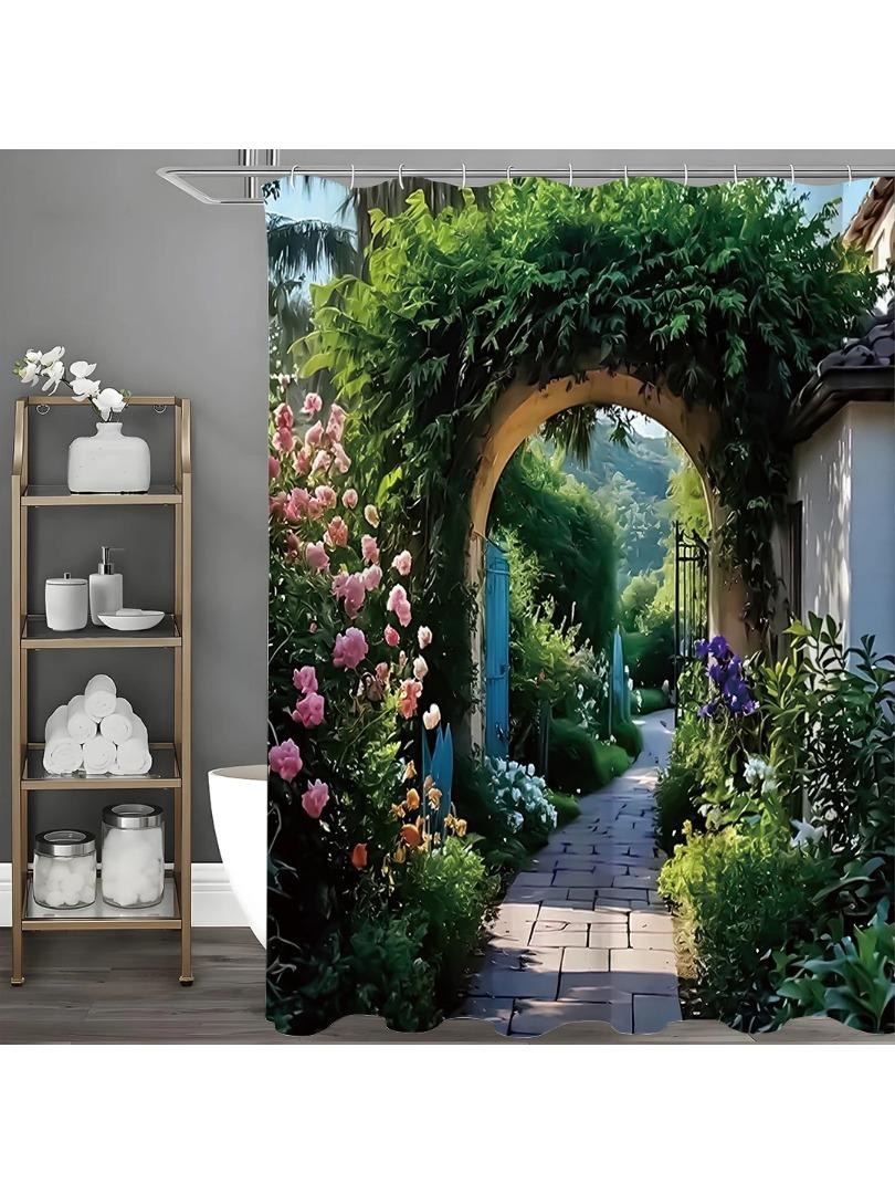 Vibrant Floral And Green Design Rustic Rustic Shower Curtain, Bathroom Decorative Shower Curtain, Waterproof Shower Curtain With W60H190(CM)-1 Pcs
