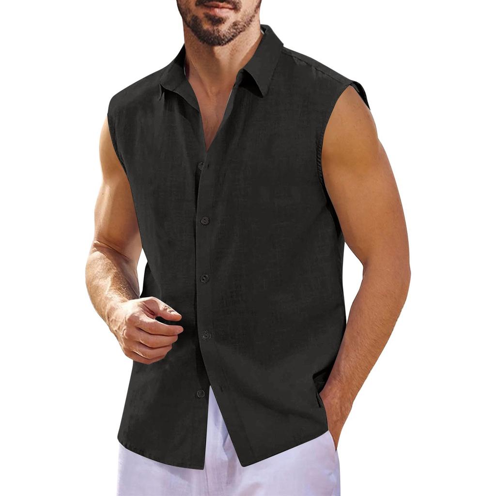 Men's Summer Hawaiian Solid Color Sleeveless Button-Down Shirt