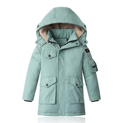 Modische warme Daunenjacke für Jungen im Winter, mittellange Baumwolljacke mit dicker Kapuze für Kinder