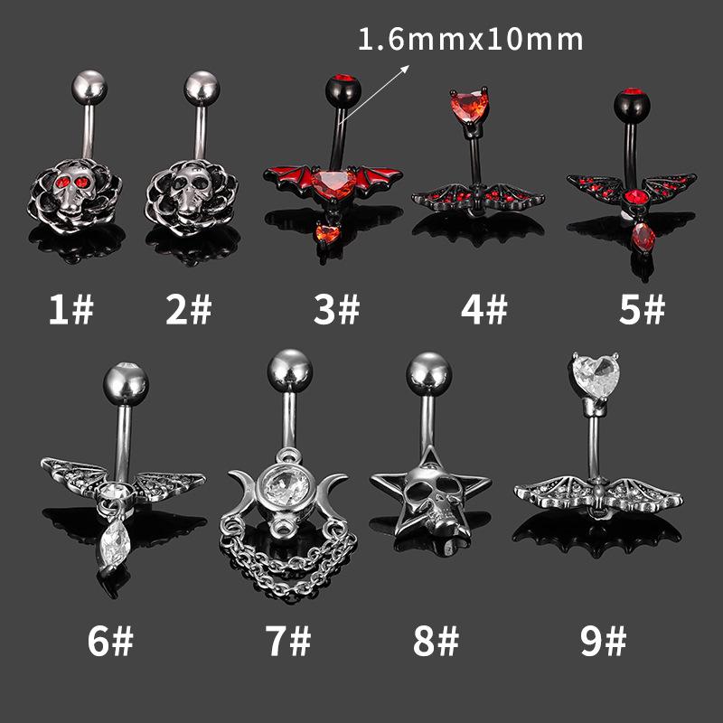 

European & American Stylish Bat Navel Ring, Stainless Steel with Zirconia & Drip Oil, Unique Body Piercing Jewelry Size 1 срібний
