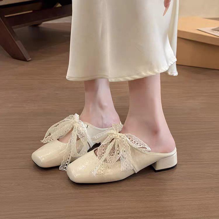 

Spring Mary Jane Evening Shoes Soft Sole Flat Bottom Wear Summer Cool Slippers Gentle Baotou Half Slippers Women 40