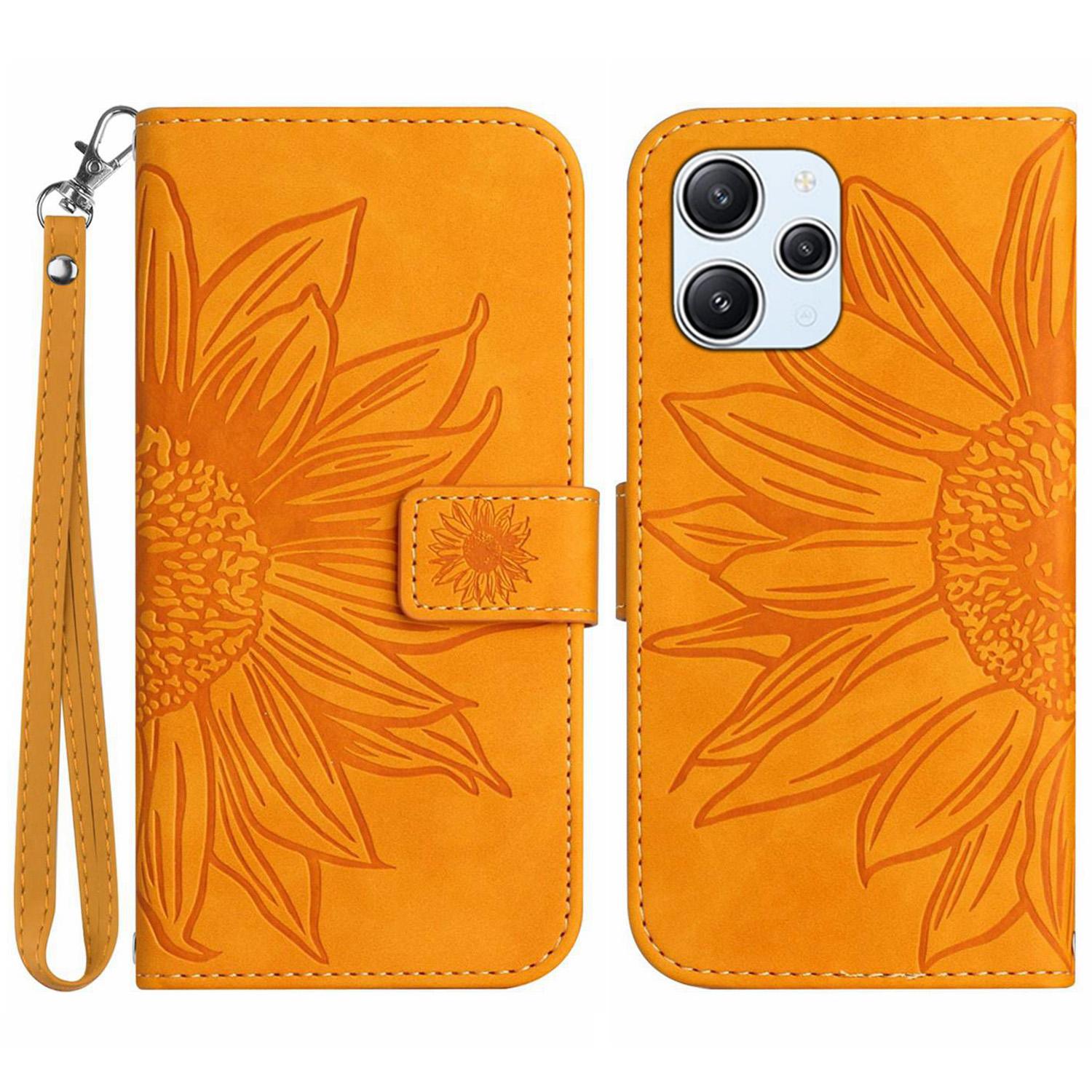 

HT04 For Xiaomi Redmi 12 4G Imprinted Wallet Phone Case Leather Stand Cover with Hand Strap Yellow