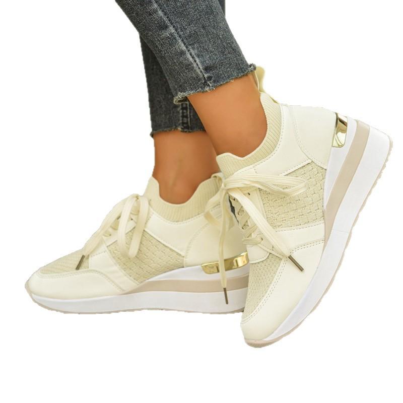 European and American large-size sports shoes spring and summer new thick-soled slope heel casual shoes lace-up breathable sports shoes