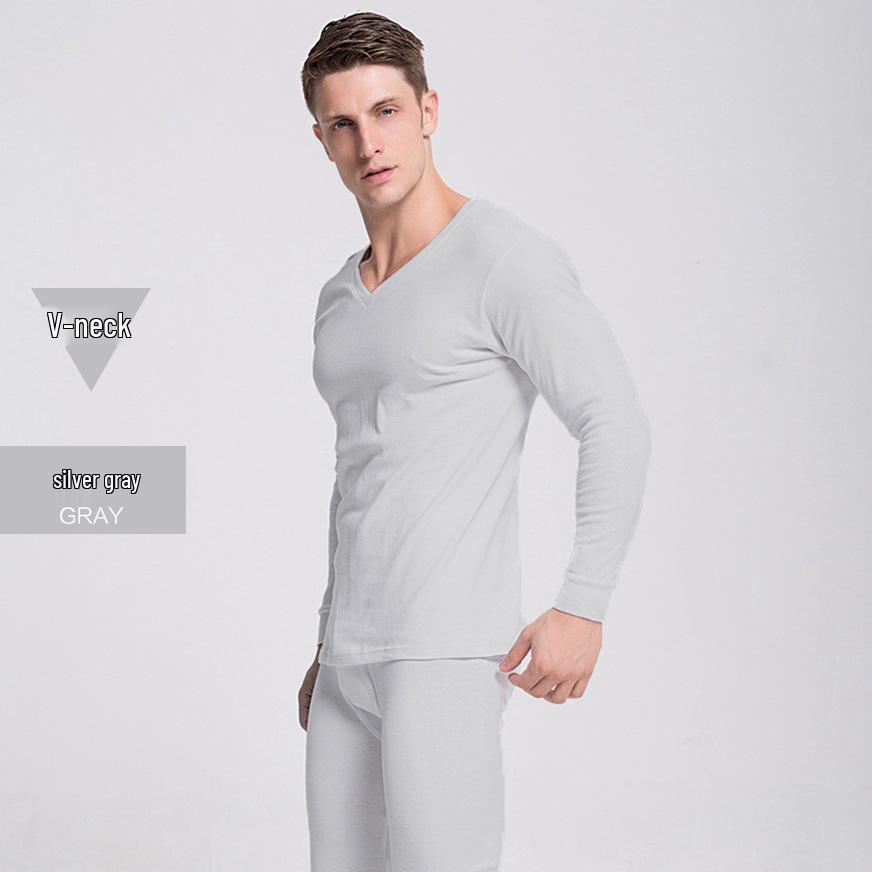Men's V-Neck Thermal Underwear Set - Pure Cotton Knitwear Base Layer, Autumn Top & Pants