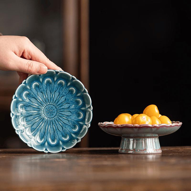 Retro Kiln Glaze Lotus Ceramic Pedestal Dessert Plate