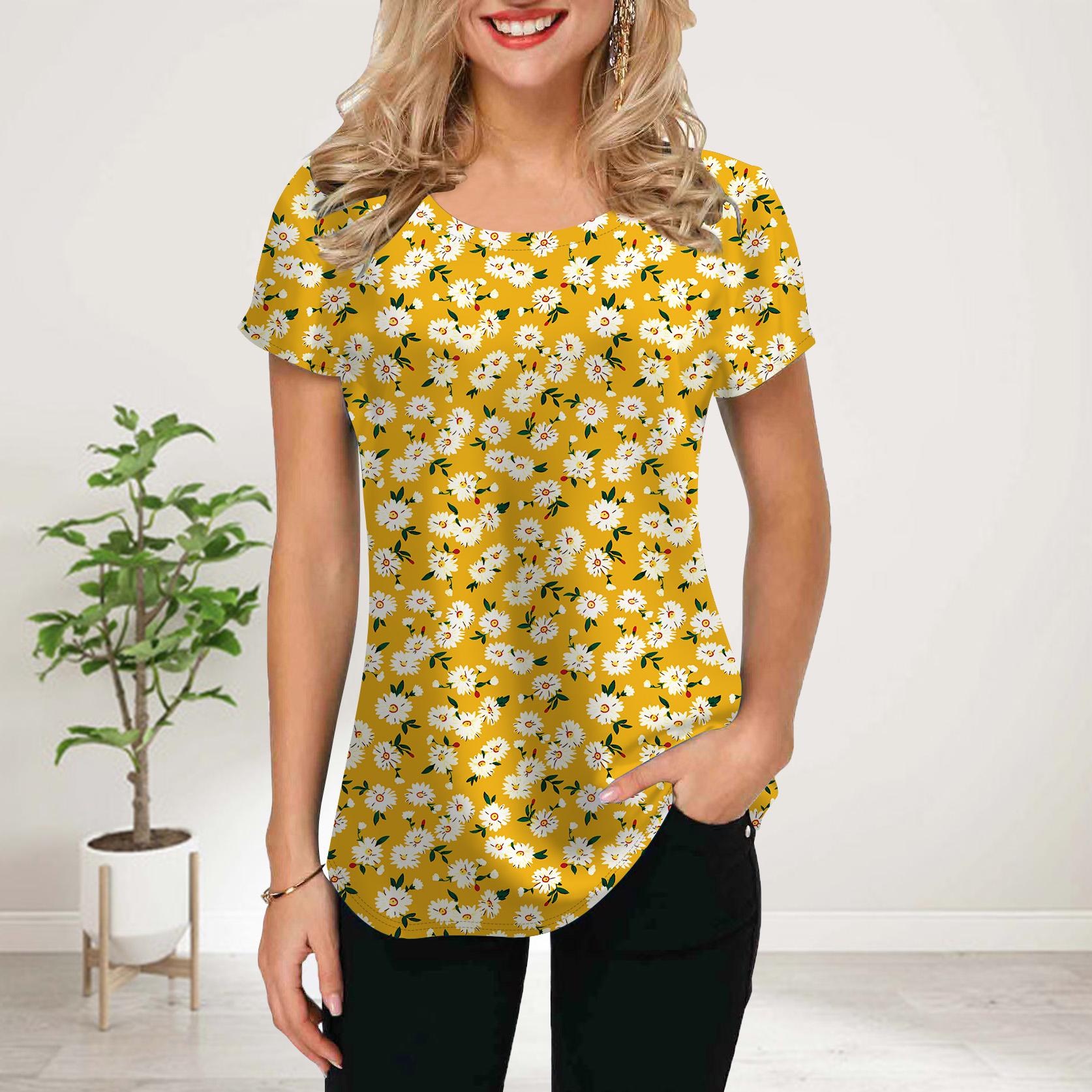 

Женская летняя футболка с принтом розовой хризантемы, футболки с коротким рукавом, повседневные топы с принтом 8XL жёлтый