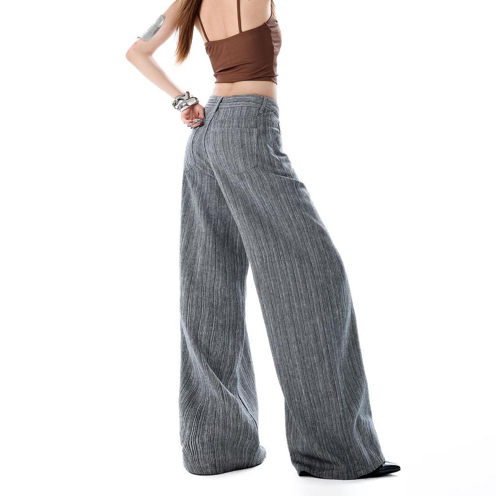 Spring Summer Thin Linen Cotton Textured Cool Drape Relaxed Wide Leg Casual Denim Pants For Ladies Casual Pants Oversize Denim Trousers