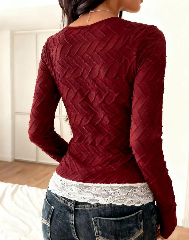 Women's Lace Long Sleeve Slim Fit T-Shirt - French Style, Spring/Autumn Wear, Sweet & Spicy.