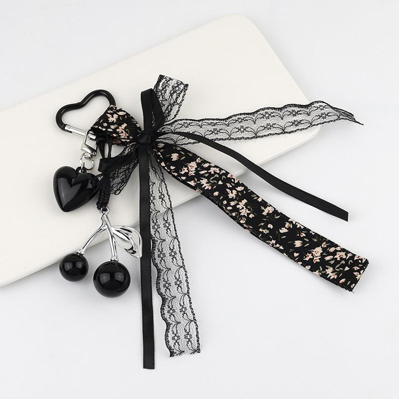 

Sweet Floral Lace Ribbon Bowknot Cherry Love Keychain Pendant Phone Charm Heart Keyring Elegant Woman Bag Hanging Ornament Gifts