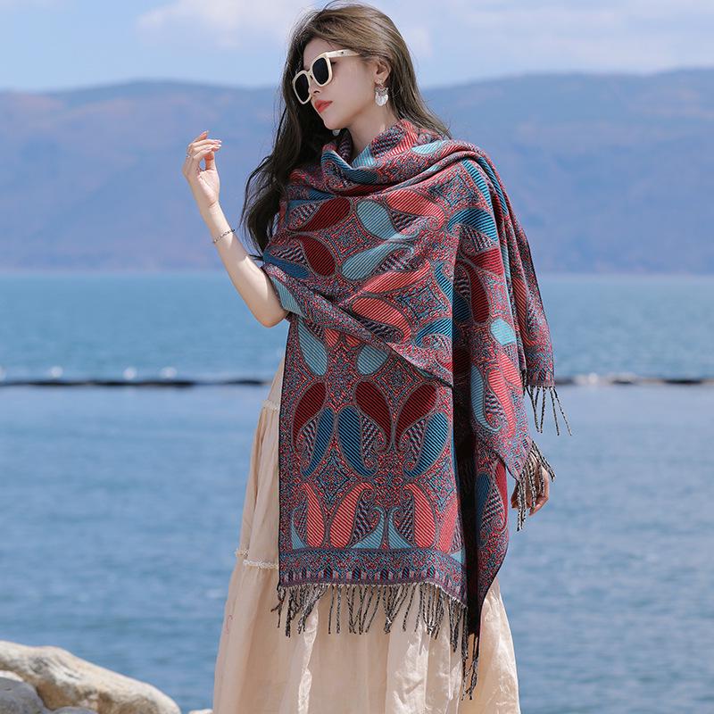 Ethnic Style Cashew Pattern Shawl Cloak Scarf: Imitation Cashmere, Thick, Dual-Purpose Women's Accessory for Autumn/Winter