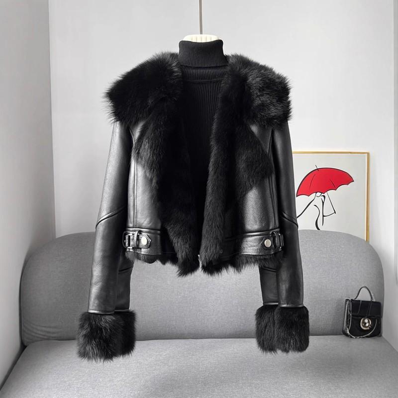 Womens Black Faux Leather Collarless Biker Jacket Thick Warm Short Winter Coat Loose Fit