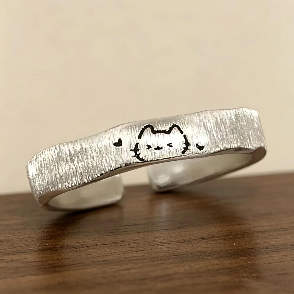 S925 Sterling Silver Brushed Cat and Dog Couple Rings - Cute Graffiti Style for Valentine's Day