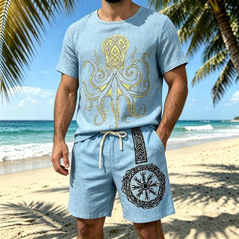Men Viking Faith Octopus Print Loose Short Sleeve T Shirt And Shorts Two Piece Set
