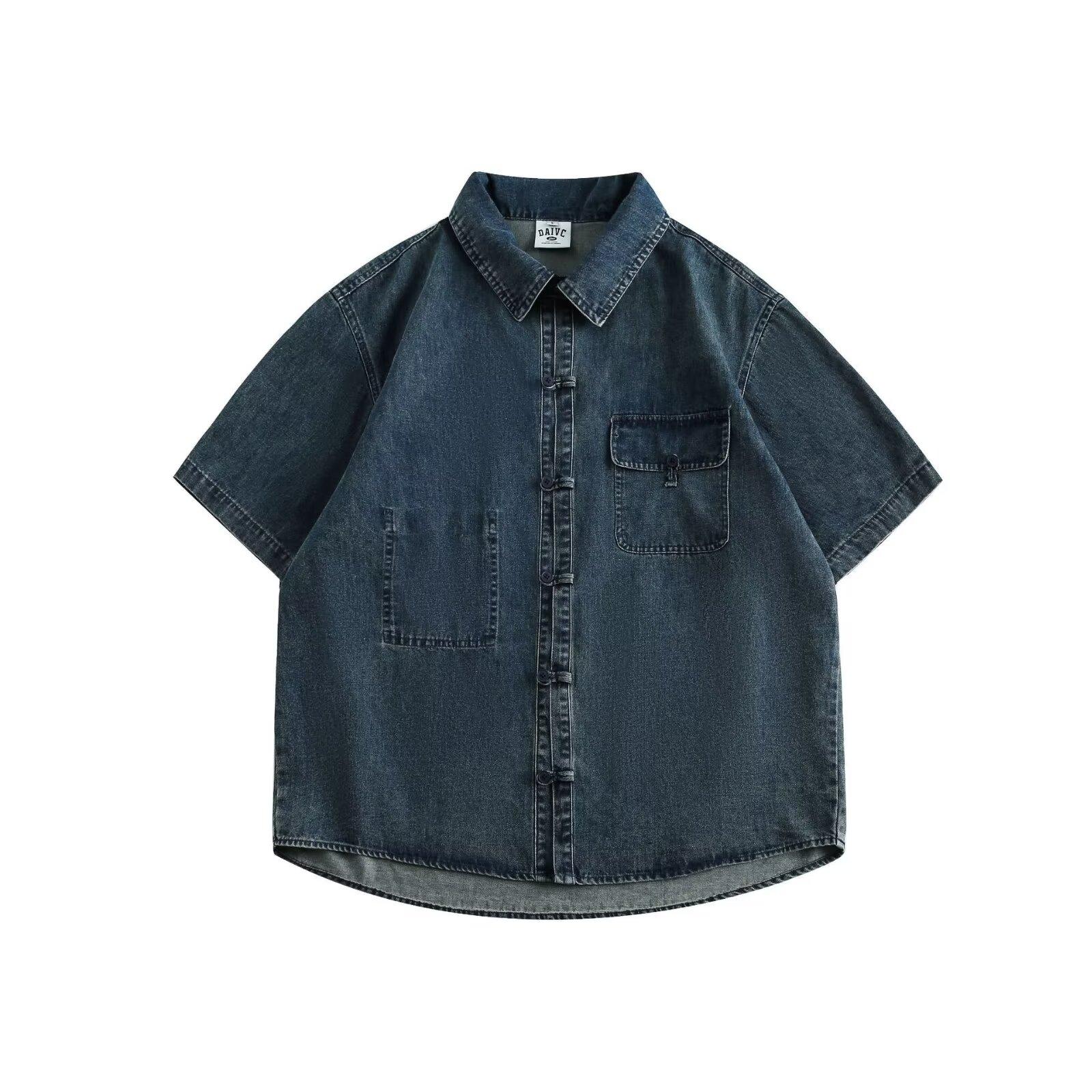 

Летняя мужская новая стильная потертая джинсовая рубашка с короткими рукавами в стиле ретро, уличная модная рабочая одежда, рубашка в стиле милитари 3XL синий