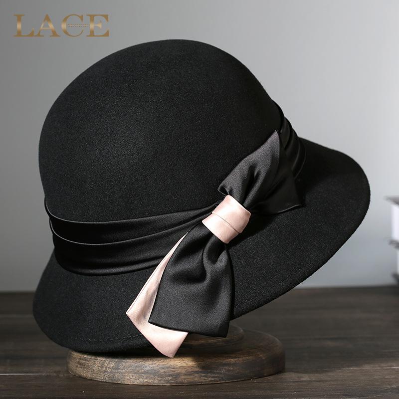 Women's Retro Black Wool Bucket Hat - Autumn/Winter Trendy Japanese Fashion.