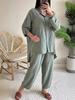 Women's Drop Shoulder Button-Up Shirt & Wide-Leg Pants Set - Loose Long-Sleeve Top & Elastic Waist Pants