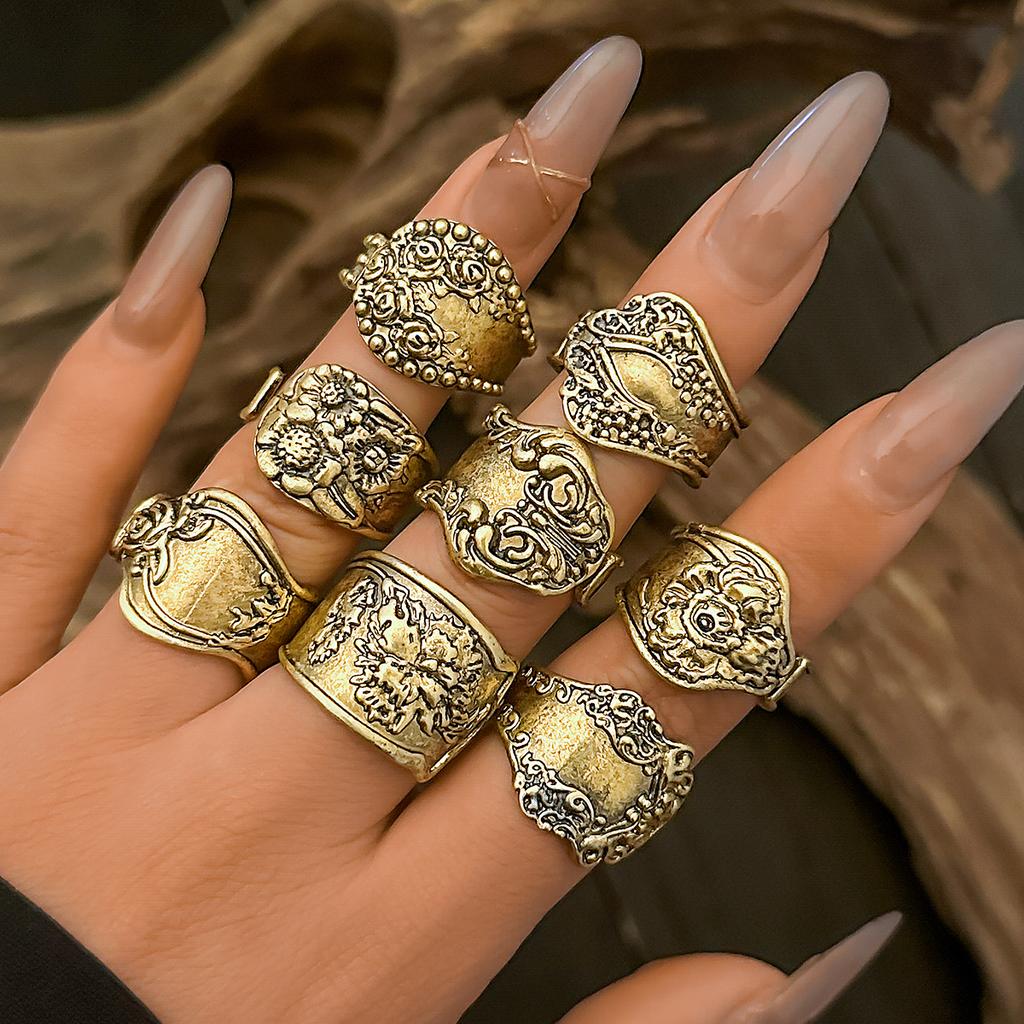 Ingemark 8Pcs Vintage Silver Color Adjustable Open Rings for Women Goth Carved Flower Metal Rings Engagement Wed Jewelry Gift