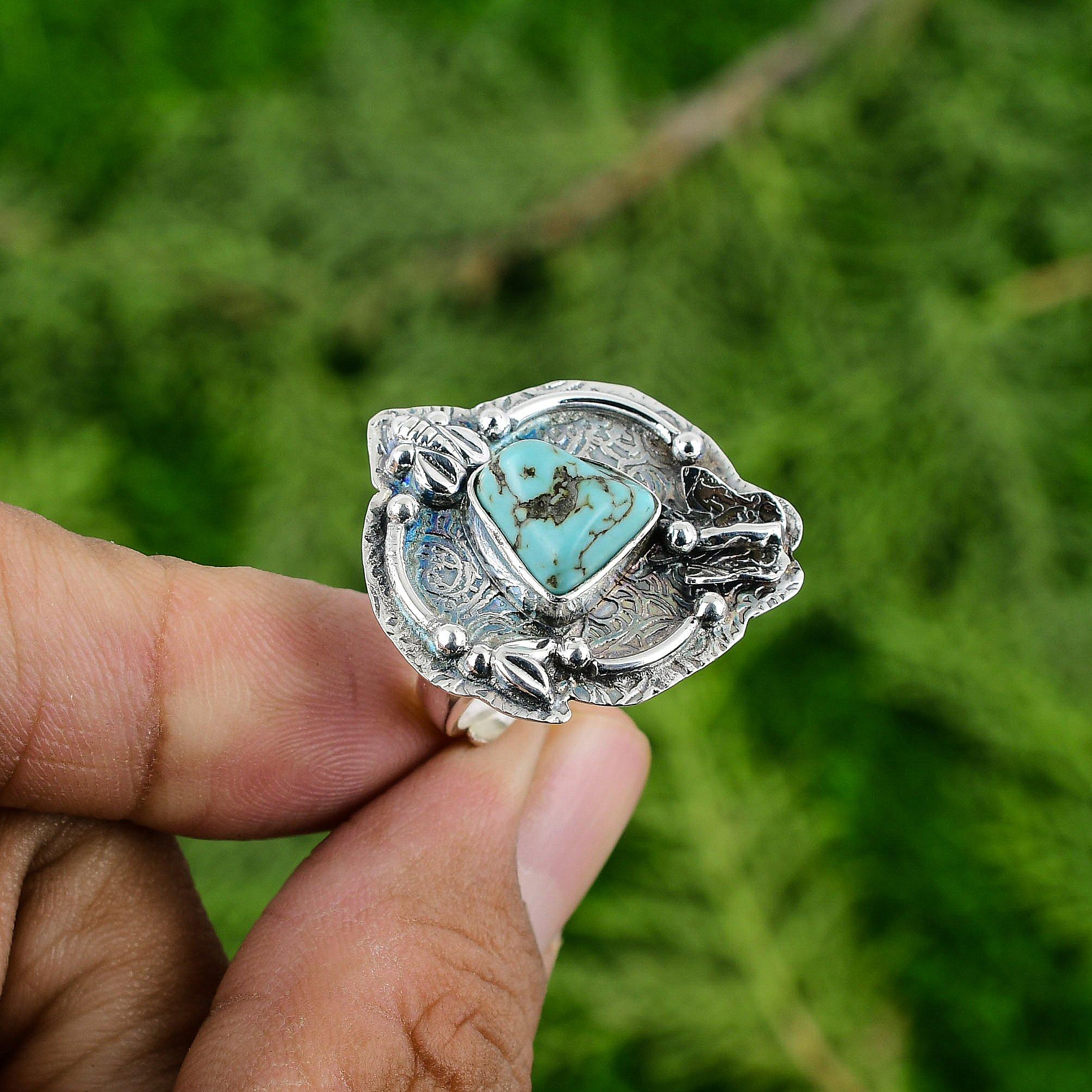 

925 Sterling Silver Tibetan Turquoise Stone Mother Bezel Trendy Stackable Ring Adjustable